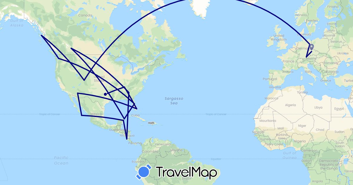 TravelMap itinerary: driving in Canada, Costa Rica, Czech Republic, Germany, Mexico, United States (Europe, North America)